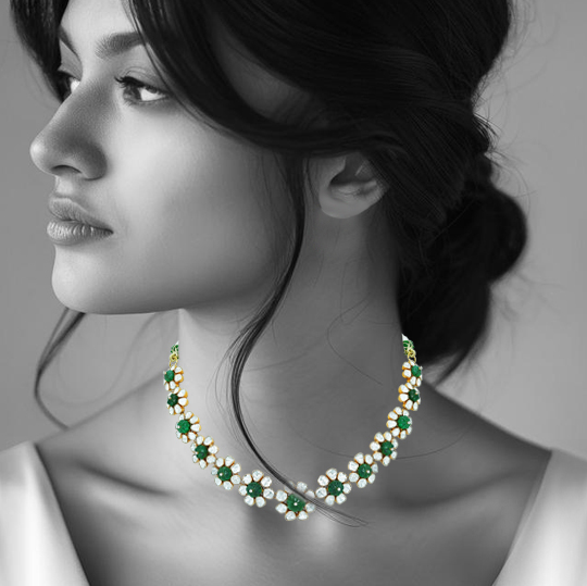 Polki Necklace with Emerald Accents and Blooming Design